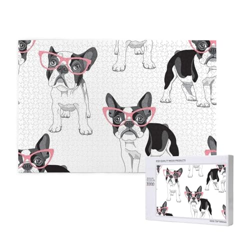 Schwarzer Frenchie Cartoon Französische Bulldogge Rosa Brille Weißer Hund,1000 Teile Holzpuzzle Familienspiel Puzzles für Erwachsene Teenager Heimdekoration von EgoMed