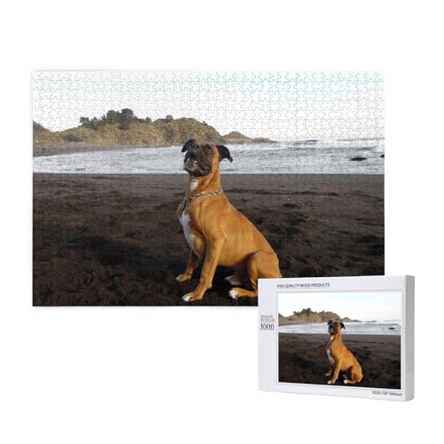 Strand braun Boxer Hund Portrait,1000 Teile Holzpuzzle Familienspiel Puzzles für Erwachsene Teenager Heimdekoration von EgoMed