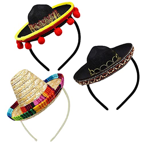 Egujiwa 3 Stück Cinco De Mayo Fiesta Stoff und Stroh Sombrero Stirnbänder Partykostüm für Lustige Fiesta-Hut-Partyzubehör, Mexikanische Themendekorationen, Luau-Event-Foto-Requisiten und von Egujiwa