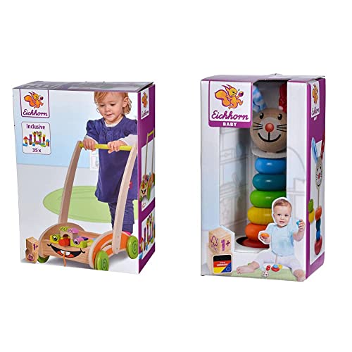 Eichhorn 100001833, Spiel- und Lauflernwagen - teilmontiert - mit 35 bunten Bausteinen aus Holz & 100017019 - Baby Steckfigur mit Hasenmotiv, 6 Ringe mit Steckkopf, 18cm Eichhorn 100001833, Spiel- und Lauflernwagen - teilmontiert - mit 35 bunten Bausteinen aus Holz & 100017019 - Baby Steckfigur mit Hasenmotiv, 6 Ringe mit Steckkopf, 18cm von Eichhorn