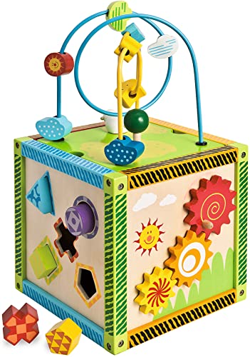 Eichhorn 100002235 buntes Spielcenter, Motorikwürfel mit Motorikschleife, Uhr, Motorikspiel, Drehspiel und 5 Steckbausteine, für Kinder ab 1 Jahr, Größe: 20x20x36 cm von Eichhorn