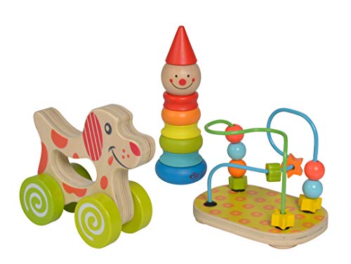 Eichhorn - 100003750 -Lernspielset,Geschenkset, 3 teilig,bestehend aus Steckfigur Clown, Motorikschlaufe, Schiebehund, Birkenholz, für Kinder ab 12 Monaten von Eichhorn