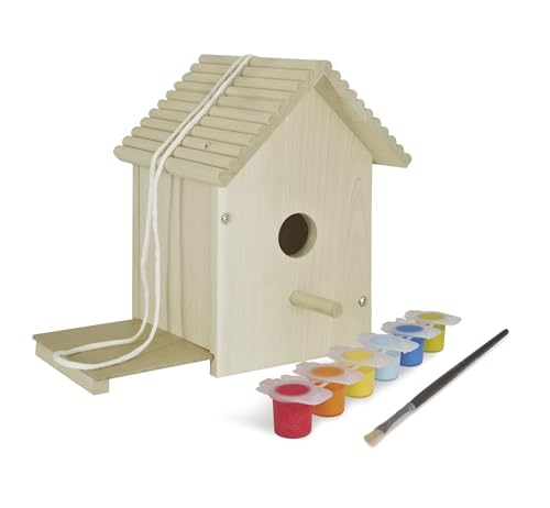 Eichhorn 100004581 Outdoor Vogelhaus aus Holz, zum Zusammenbauen und Bemalen, Inkl. Pinsel und Farben, 14x14x24cm Lindenholz, DIY von Eichhorn