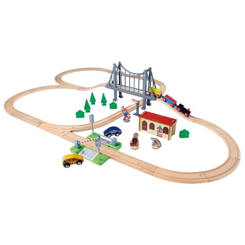 Eichhorn Schienenbahn 100006204 Bahnset mit Brücke, 55 teilig, 500 cm Strckenlänge, FSC zertifiziertes Buchenholz, verbaubar mit Anderen Schienenbahnsystemen, Mehrfarbig von Eichhorn