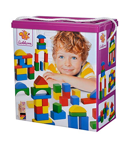 Eichhorn 100010181 150 Bunte Holzbausteine in der Aufbewahrungsbox mit Kordel und Sortierdeckel, Motorikspielzeug für Kinder ab 1 Jahr geeignet [Exklusiv bei Amazon][Exklusiv bei Amazon] von Eichhorn