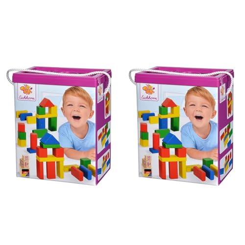 Eichhorn 100050161 50 Bunte Holzbausteine in der Aufbewahrungsbox mit Kordel und Sortierdeckel, für Kinder ab 1 Jahr, 25 mm (Packung mit 2) von Eichhorn