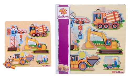 Eichhorn – Baufahrzeuge Puzzle mit 12 Teilen, ideal für kleine Baumeister ab 2 Jahren, farbenfrohe Motive zur Förderung der Feinmotorik, 22,5x22,5 cm groß, aus 100% FSC zertifiziertem Pappelsperrholz von Eichhorn