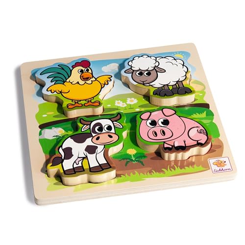 Eichhorn - Fühl-Puzzle mit Stoff - Bauernhoftiere mit Textilelementen, aus Holz, 5 teilig, 20x20 cm groß, für Kinder ab einem Jahr von Eichhorn