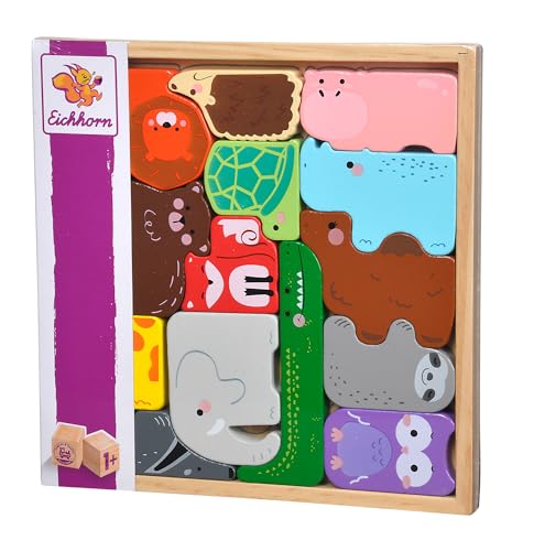 Eichhorn - Tierset in Holzbox, 14 Tiere zum zusammenlegen in Puzzleform, auch als Spielfiguren verwendbar, Förderung der Feinmotorik, in Aufbewahrungsbox, aus Kiefernholz, ab 1 Jahr von Eichhorn