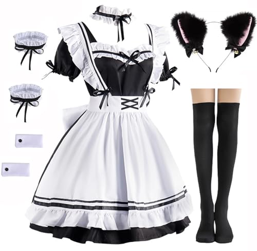 Eien Kaliforua Klassisches Anime-Kostüm für französische Dienstmädchen, Schürze, Cosplay, Outfit, Kopfbedeckung, Handschuhe, Socken, Set (Schwarz, Größe 3XL) von Eien Kaliforua