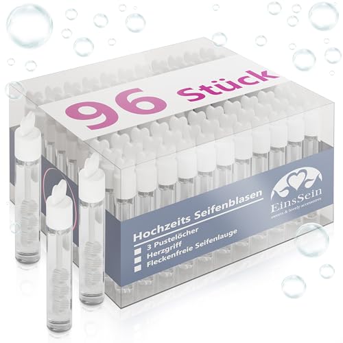 EinsSein Seifenblasen Hochzeit Lovegläschen Set weiss 96 Stück | Gastgeschenke für die Hochzeit Taufe Geburtstag Verlobung | keine Flecken auf Kleindung | Mini Hochzeitsseifenblasen Herz Herzgriff mit von EinsSein