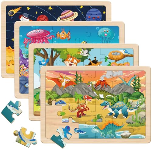 Puzzles für Kinder von 4 bis 6 Jahren, 4 Packungen mit 24 Holzpuzzles für Kleinkinder von 5 bis 8 Jahren, Vorschul-Puzzlespiele, Geschenke für Jungen und Mädchen von Eirenke