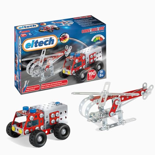 eitech 00080 Metallbaukasten - Feuerwehr-Set, Baukasten Feuerwehrauto und Hubschauber, 190 Bauteile für Kinder ab 8 Jahren von Eitech GmbH