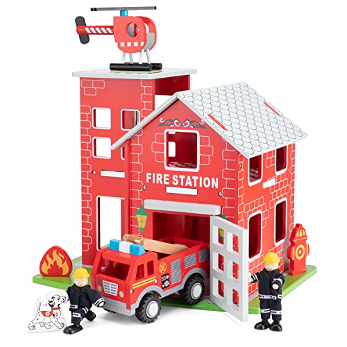 New Classic Toys - 11020 - Feuerwache mit Feuerwehrauto, Helikopter, Feuerwehrmann, Rettungshund, Feuerdisplay und Hydrant, Rot von Eitech
