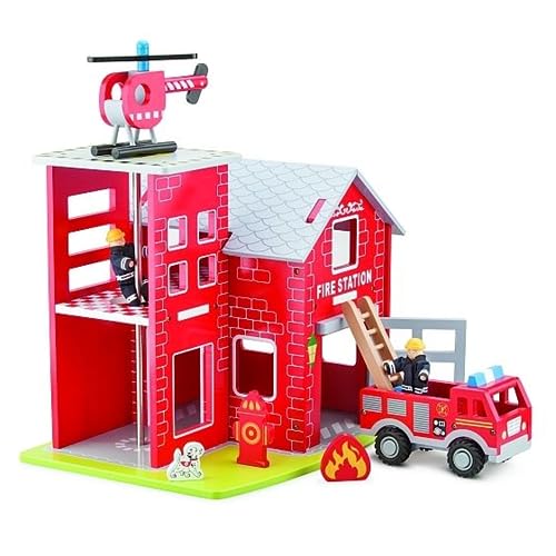 New Classic Toys - 11020 - Feuerwache mit Feuerwehrauto, Helikopter, Feuerwehrmann, Rettungshund, Feuerdisplay und Hydrant, Rot von New Classic Toys