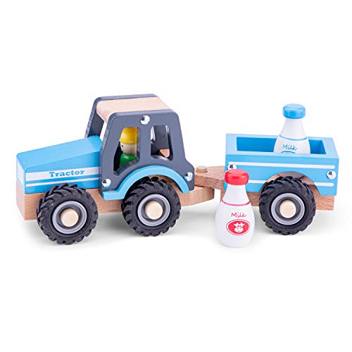 New Classic Toys - 11942 - Spielfahrzeuge - Traktor mit Anhänger und Milchkannen, Blau von New Classic Toys