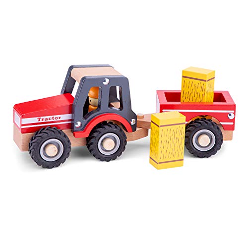 New Classic Toys - 11943 - Spielfahrzeuge - Traktor mit Anhänger und Heuballen, Rot von New Classic Toys