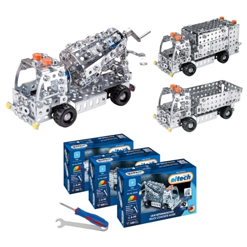Eitech Metallbaukasten - LKW, Baustellenfahrzeug, LKW mit Muldenkipper, 190 Bauteile, Kipplaster ca. 17 cm, Konstruktionsspielzeug für Kinder ab 8 Jahren (3er Set) von Eitech