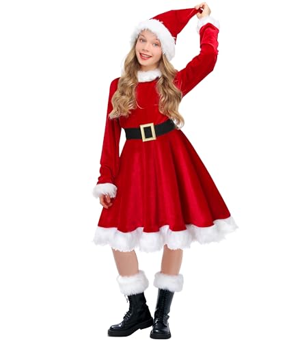 Mädchen Frau Claus Kostüm Weihnachtskleid Outfit rotes Samtkleid 4-10 Jahre (Rot, 8-9 Jahre) von Ekoropshop