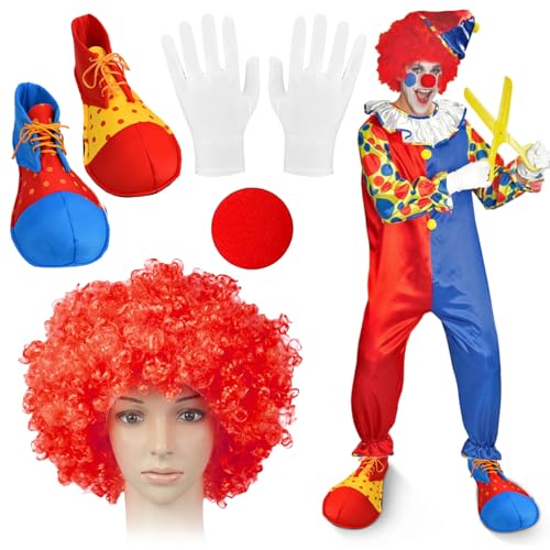 4 Stück Clown Kostüm Erwachsene Set - Kostümzubehör Mit Lockenperücke, Schuhe, Rote Nase, Weiße Handschuhe - Für Halloween, Fasching, Zirkus Requisiten, Karneval Cosplay 4 Stück Clown Kostüm Erwachsene Set - Kostümzubehör Mit Lockenperücke, Schuhe, Rote Nase, Weiße Handschuhe - Für Halloween, Fasching, Zirkus Requisiten, Karneval Cosplay von Ekukeon