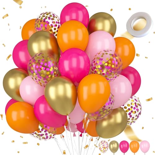 61 Stück Luftballons Rosa Orange, Hot Rosa Luftballons Champagner Gold, Hellrosa Ballons Dekor, Konfetti luftballons, Heliumballons aus Naturlatx, für Geburtstag Babyparty Hochzeit Deko von Ekukeon