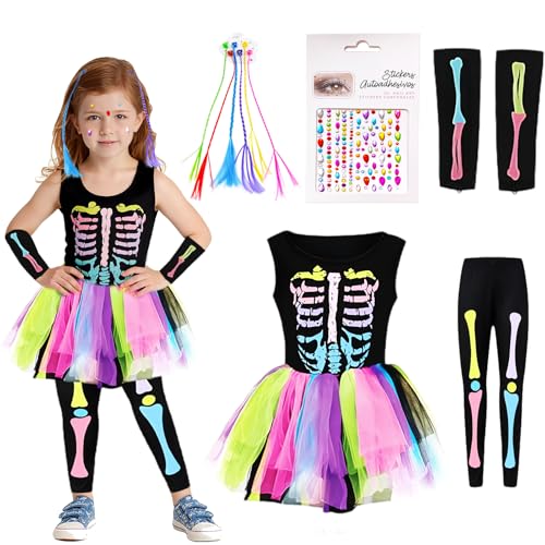 Buntes Skelett Kostüm Kinder,Neon skelett kostüm kinder, Skeleton Sensenmann Kostüm Mädchen Halloween,für Halloween Karneval Cosplay（M） von Ekukeon