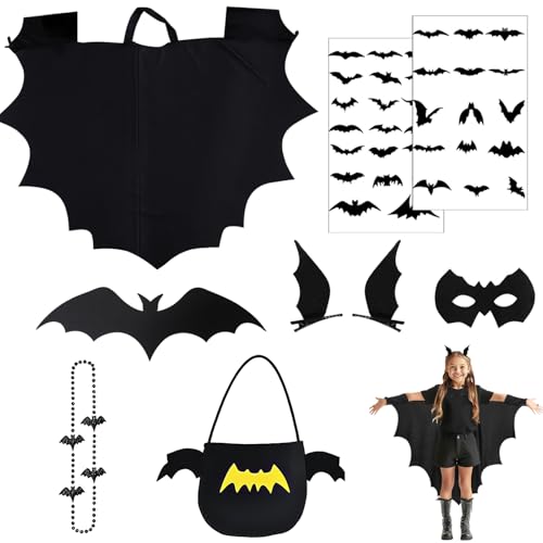 Fledermaus Kostüm Kinder,Fledermaus Umhang&Fledermausmaske&Fledermausflügel Haarspangen&Leuchtend Tattoo&3D-Fledermaus&Fledermauskette&Fledermaushandtasche 9 Teilig Set,für Halloween Karneval Cosplay Fledermaus Kostüm Kinder,Fledermaus Umhang&Fledermausmaske&Fledermausflügel Haarspangen&Leuchtend Tattoo&3D-Fledermaus&Fledermauskette&Fledermaushandtasche 9 Teilig Set,für Halloween Karneval Cosplay von Ekukeon