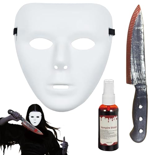 Halloween Horror Scream Maske,Gruseliges Geistergesicht Scream Maske,mit Kunstblut,Spielzeugmesser,Scary Movie Ghostface Maske für Erwachsene,Geist für Geisterhaus,Cosplay Mottopartys & Rollenspiele von Ekukeon