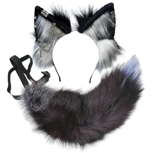 Ekwikzz Wolf Ohren Schwanz Set Fuchs Wolf Stirnbänder Clips Flauschige Cosplay Kostüme Gothic Punk Zubehör für Halloween SI Cross BL BU von Ekwikzz