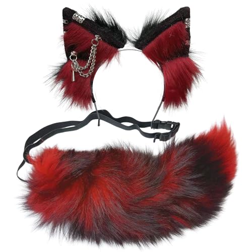 Ekwikzz Wolf Ohren Schwanz Set Fuchs Wolf Stirnbänder Clips Flauschige Cosplay Kostüme Gothic Punk Zubehör für Halloween SI Crux Ansata RE BL von Ekwikzz