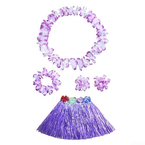 Elchuiaby Hawaii-Grasrock-Set für Kinder, Blumengirlande, Armband, Kostüm, Outfit für Strandparty, Festival, Karneval, Feier (lila) von Elchuiaby