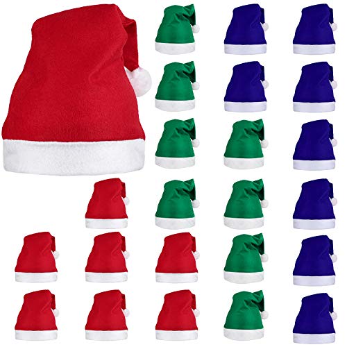 ELCOHO 24 Stück Nikolausmütze Kurzer Plüsch mit weißen Manschetten Vliesstoff Weihnachtsmütze Nikolausmütze für Erwachsene (Blau, Grün, Rot) von Elcoho