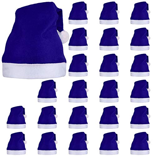 ELCOHO 24 Stück Weihnachtsmann Blaue Mütze Kurzer Plüsch mit weißen Manschetten Vliesstoff Weihnachtsmütze Nikolausmütze für Erwachsene von Elcoho