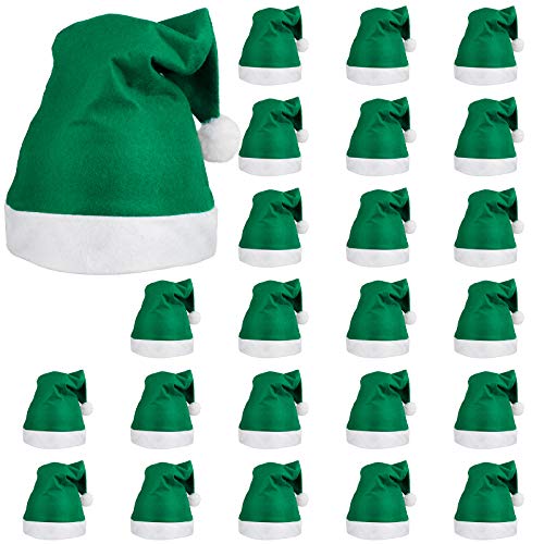 ELCOHO 24 Stück Weihnachtsmannmütze Grün Mütze Kurzer Plüsch mit weißen Manschetten Vliesstoff Weihnachtsmütze Nikolausmütze für Erwachsene von Elcoho