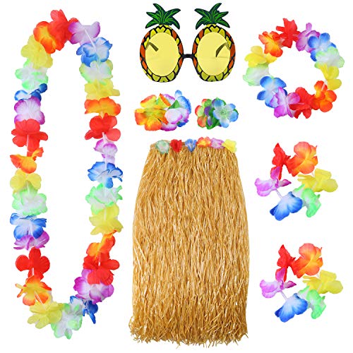 Elcoho hawaiianischer Hula-Bastrock mit Sonnenbrille, Leis-Halskette und Armbändern im Set, 8-teilig Elcoho hawaiianischer Hula-Bastrock mit Sonnenbrille, Leis-Halskette und Armbändern im Set, 8-teilig von Elcoho