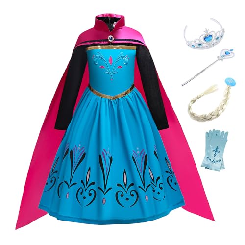 Eleasica Kleid Mädchen Eiskönigin Kostüm Prinzessin Elsa Kinder Lange Ärmel Geburtstagsgeschenk Verkleidung Fasching Weihnachten Cosplay mit Umhang Diademe Zauberstab Prinzessin von Eleasica