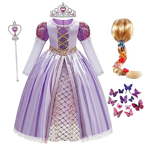 Eleasica Kostüme für Kinder Rapunzel Kleid Prinzessin Mädchen Weihnachten Verkleidung mit Perücke Zauberstab Krone Abnehmbarer Schmetterling Kleid für Fasching Märchen Lange Ärmel,Violett,100 von Eleasica