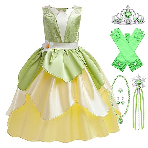 Eleasica Mädchen Kleid Prinzessin Tiana Froschkönig Fasching Weihnachten Kostüme für Kinder Prinzessinnen-Set mit Zubehör Krone Zauberstab Halskette Handschuhen Ohrring Fingerring,Grün,L von Eleasica