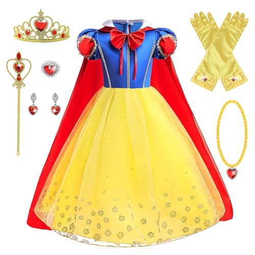 Eleasica Prinzessin Schneewittchen Kleid mit Umhang Abnehmbare Kostüm für Kinder Weihnachten Fasching Kleid der Prinzessin Geburtstag Verkleidung Diadem Zauberstab Puffärmel,Gelb,110 von Eleasica