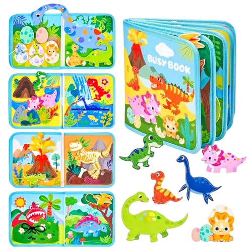Dinosaurier-Thema Busy Board Montessori interaktives Buch 1 Jahr, Quiet Book sensorisches Lernbuch, Montessori-Spiele 1 2 3 4 5 6 Jahre, Filzplatte Aktivität, Montessori Koffer Kinder von Electri-HQ