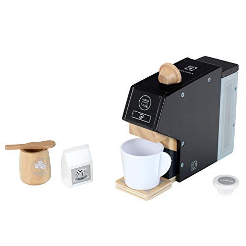 Klein Theo 7401 Electrolux Kaffeemaschine, Holz | Inkl. Tasse, Kapseln, Milch und Zucker | Zubehör für Kinder- und Spiel-Küchen | Spielzeug für Kinder ab 3 Jahren von Klein