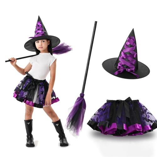 Eledreme Halloween kostüm kinder hexe mädchen,3pcs halloween hexenkostüm kinder,Inklusive lila schwarze Tüllkleid Kind, Hexenbesen Kind, Hexenhut Kind, halloween kostüm mädchen für Halloween, Cosplay Eledreme Halloween kostüm kinder hexe mädchen,3pcs halloween hexenkostüm kinder,Inklusive lila schwarze Tüllkleid Kind, Hexenbesen Kind, Hexenhut Kind, halloween kostüm mädchen für Halloween, Cosplay von Eledreme