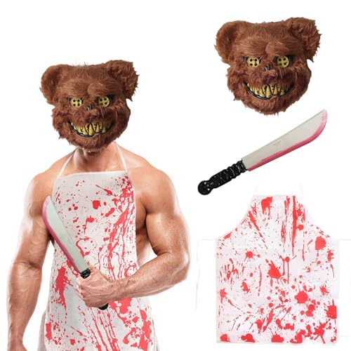 Eledreme Halloween maske horror bären set, bären masken halloween erwachsene, bärenmaske,blut halloween weiße schürze, halloween messer,für Halloween Kostüm Party,Cosplay von Eledreme