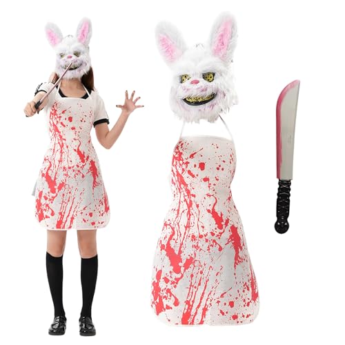 Eledreme Halloween Set: Maske, Weiße Schürze Mit Blut, Messer für Kostüm Party, Cosplay von Eledreme
