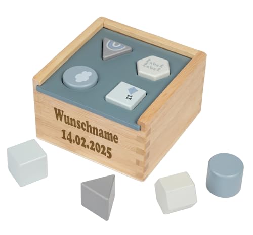 Elefantasie Formenspiel Sortierbox aus Holz blau personalisierbar mit Name und Datum Baby Geschenk mit Gravur von Elefantasie