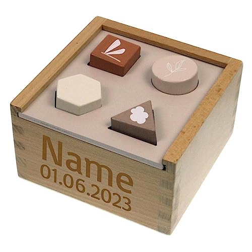 Elefantasie Formenspiel Sortierbox aus Holz beige personalisierbar mit Name und Datum Baby Geschenk mit Gravur von Elefantasie