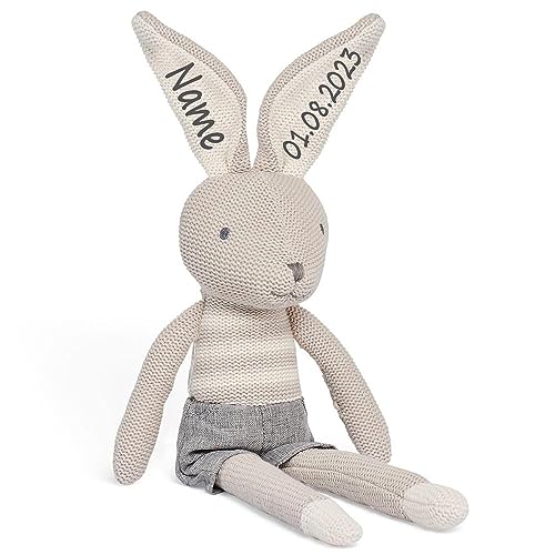 Elefantasie Hase Stofftier mit Name und Geburtsdatum Kuscheltier gestrickt personalisiert Geschenk zur Geburt Hasenjunge von Elefantasie