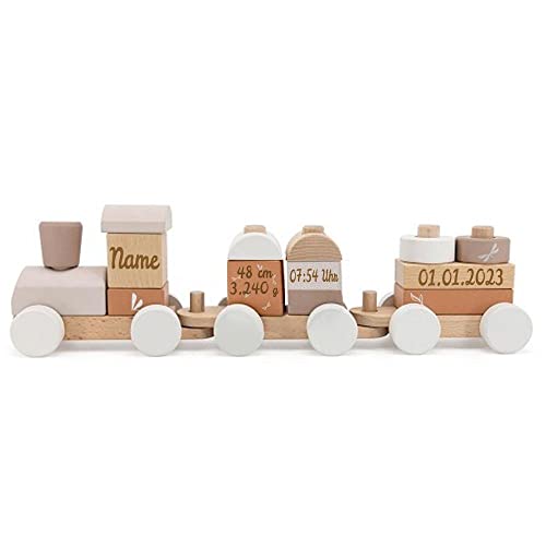 Holzzug Holz Eisenbahn beige personalisierbar mit Name und Geburtsdaten Baby Geschenk mit Gravur von Elefantasie
