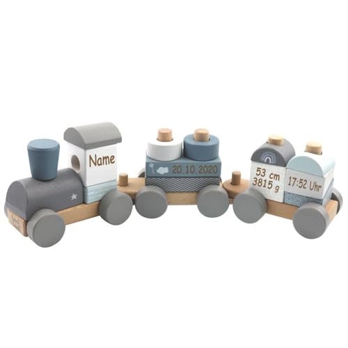 Holzzug Holz Eisenbahn blau personalisierbar mit Name und Geburtsdaten Baby Geschenk mit Gravur von Elefantasie