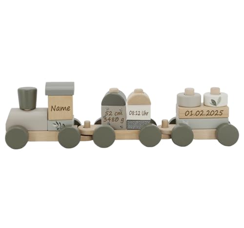 Elefantasie Holzzug Holz Eisenbahn personalisierbar mit Name und Geburtsdaten Baby Geschenk mit Gravur (Oliv) von Elefantasie